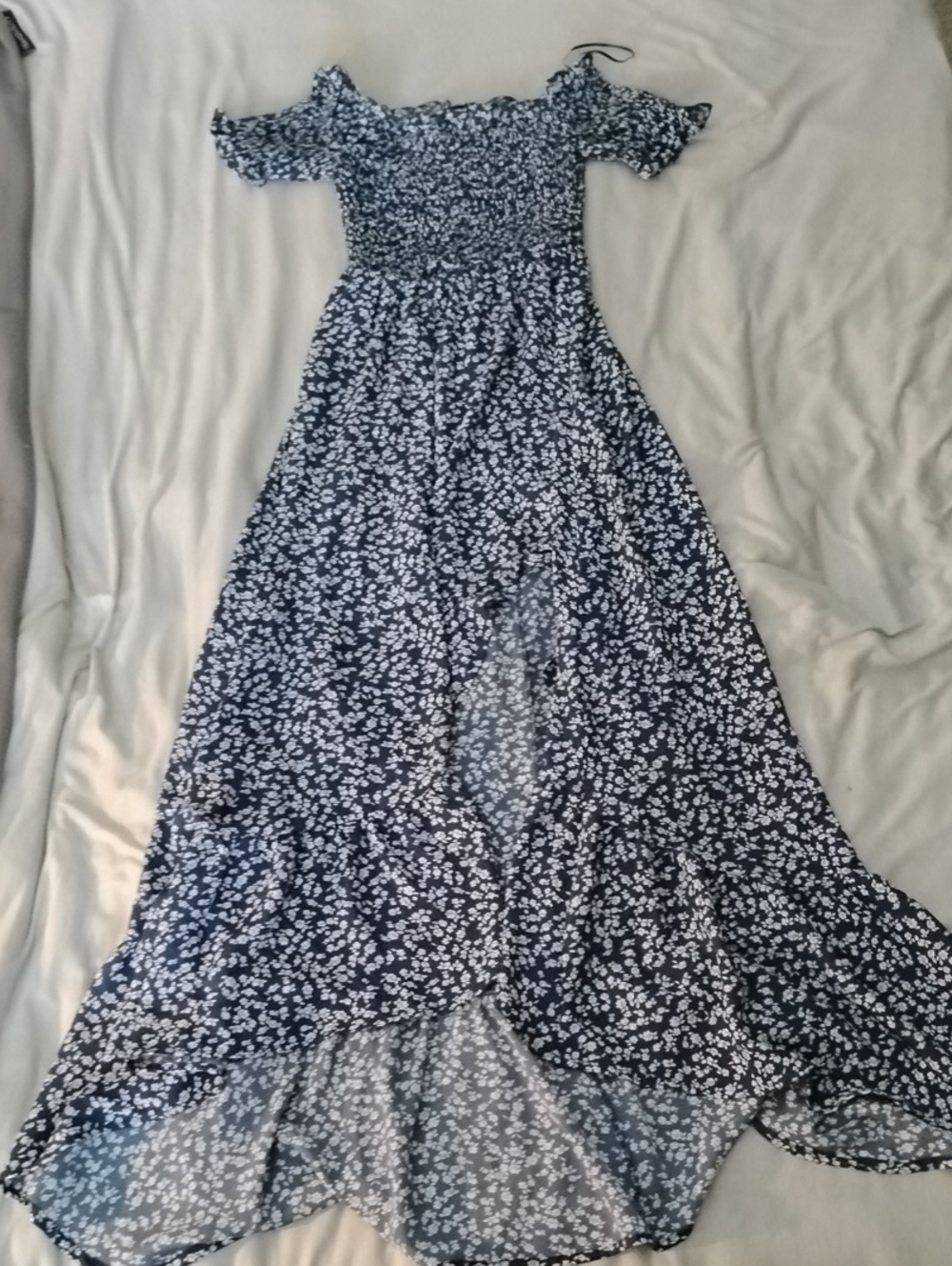 miami Navy and White Floral Off-Shoulder High-Low Maxi Dress